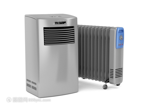 白色背景的便攜式空調機和充油電加熱器